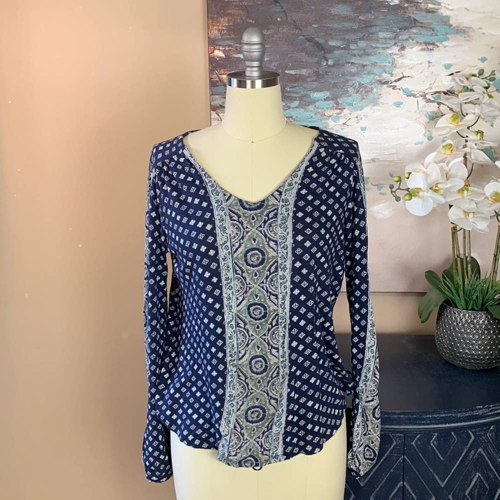 Lucky Brand Long Sleeve Print Blouse Navy & Green Size Smalll